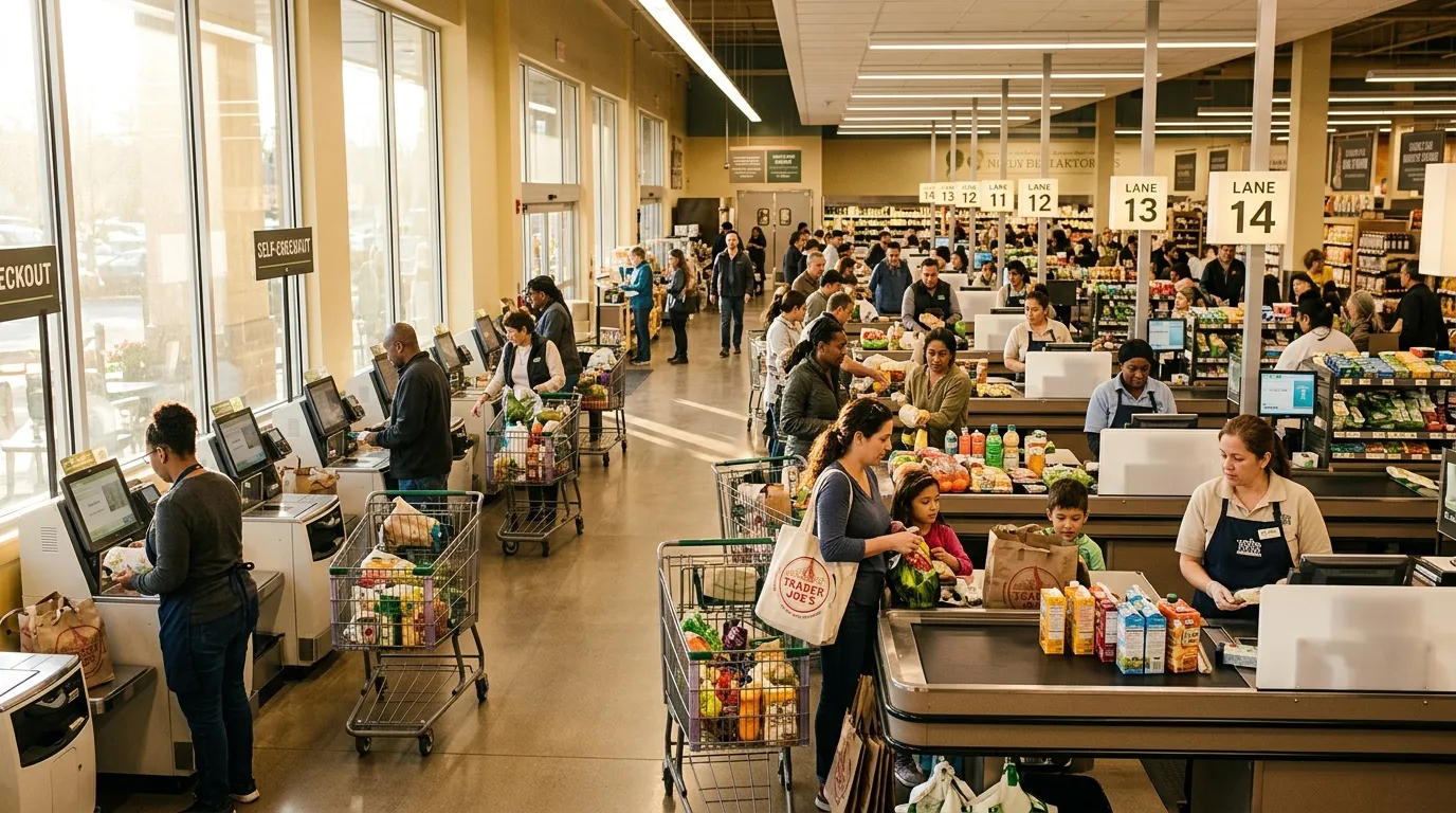 Clients utilisant des caisses de libre-service dans un supermarché bondé