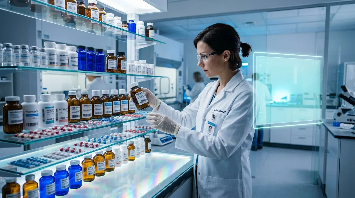 Scientifique examinant des flacons de médicaments étiquetés en laboratoire