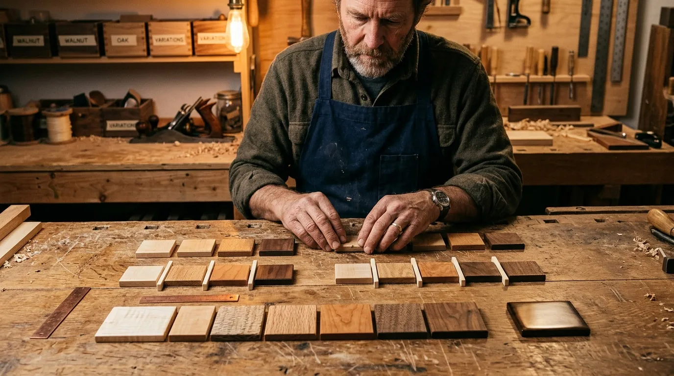 Menuisier examine des échantillons de bois dans son atelier