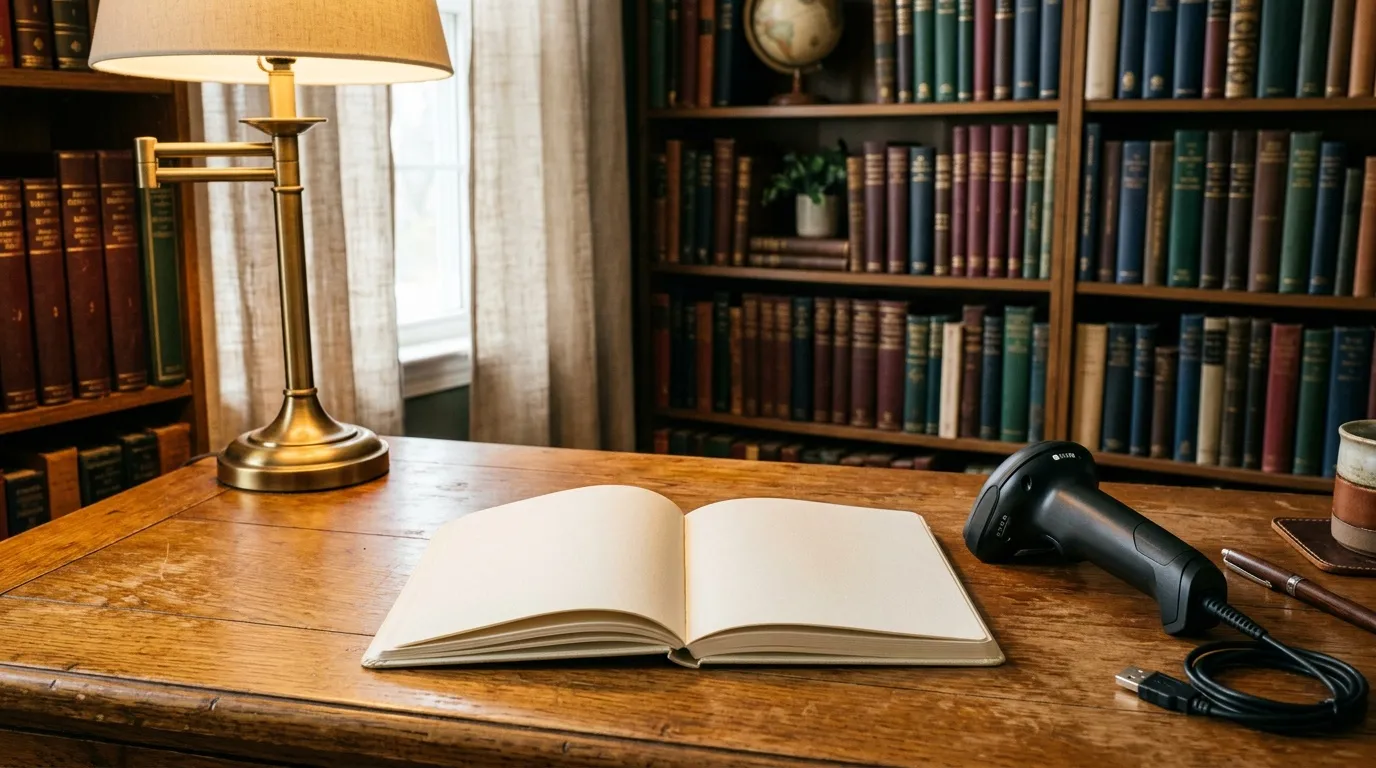 Livre ouvert sur bureau en bois avec lampe et bibliothèque