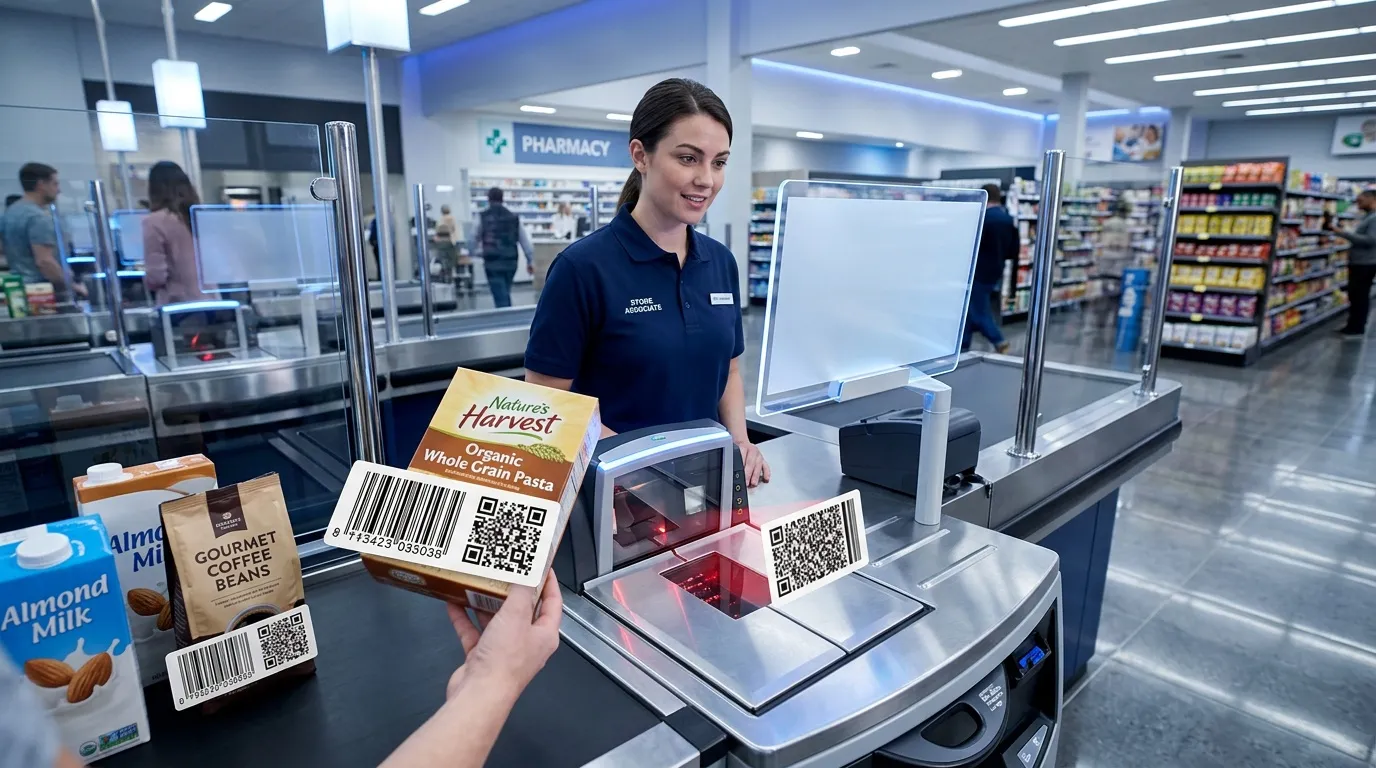 Employée scannant produits à caisse avec QR codes