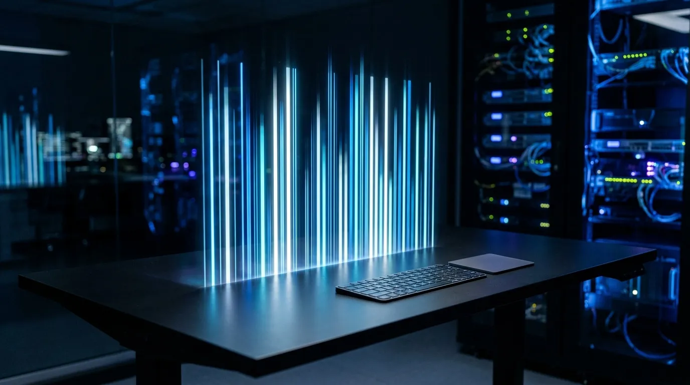 Bureau high-tech avec visualisation données holographiques bleues