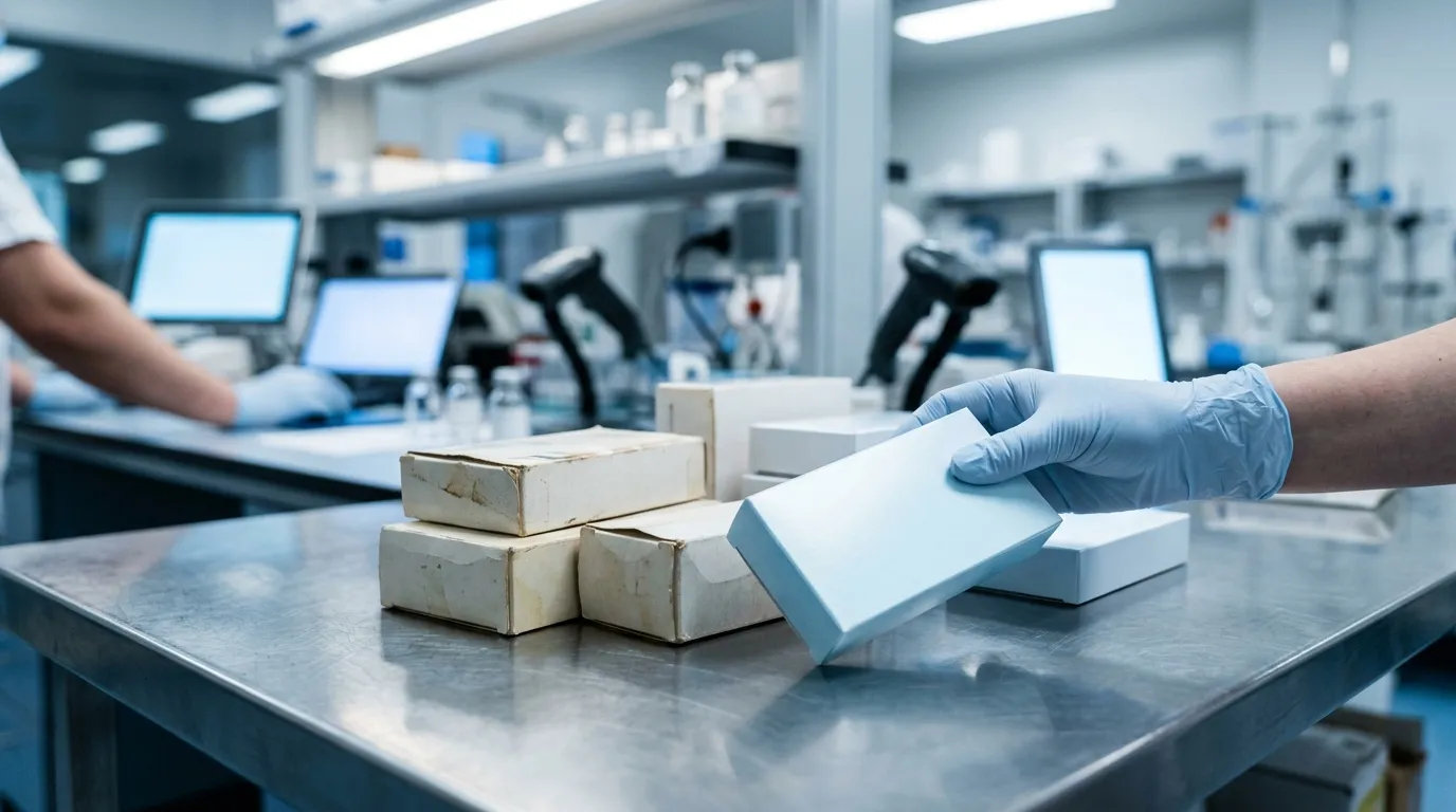 Technicien en gants bleus inspectant des emballages blancs en laboratoire