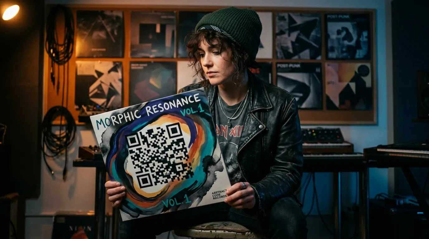 Personne tenant un disque vinyle Morphic Resonance Vol.1 en studio
