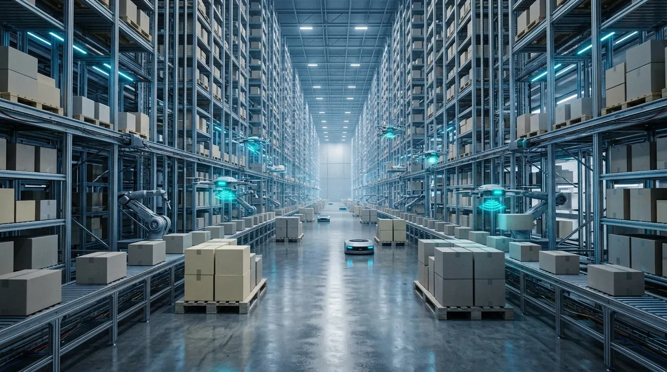 Entrepôt high-tech avec robots et systèmes automatisés de stockage