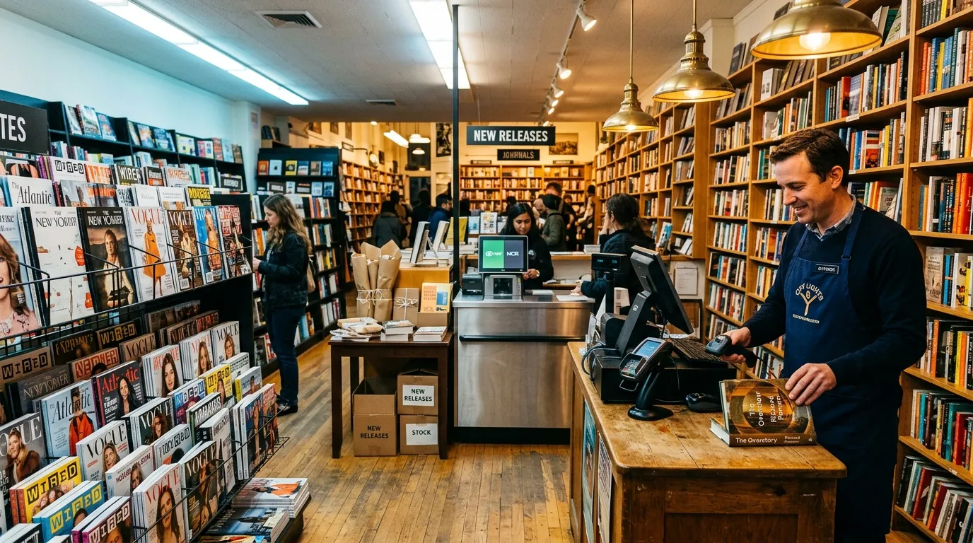 Intérieur d'une librairie avec clients, comptoir, rayonnages et magazines