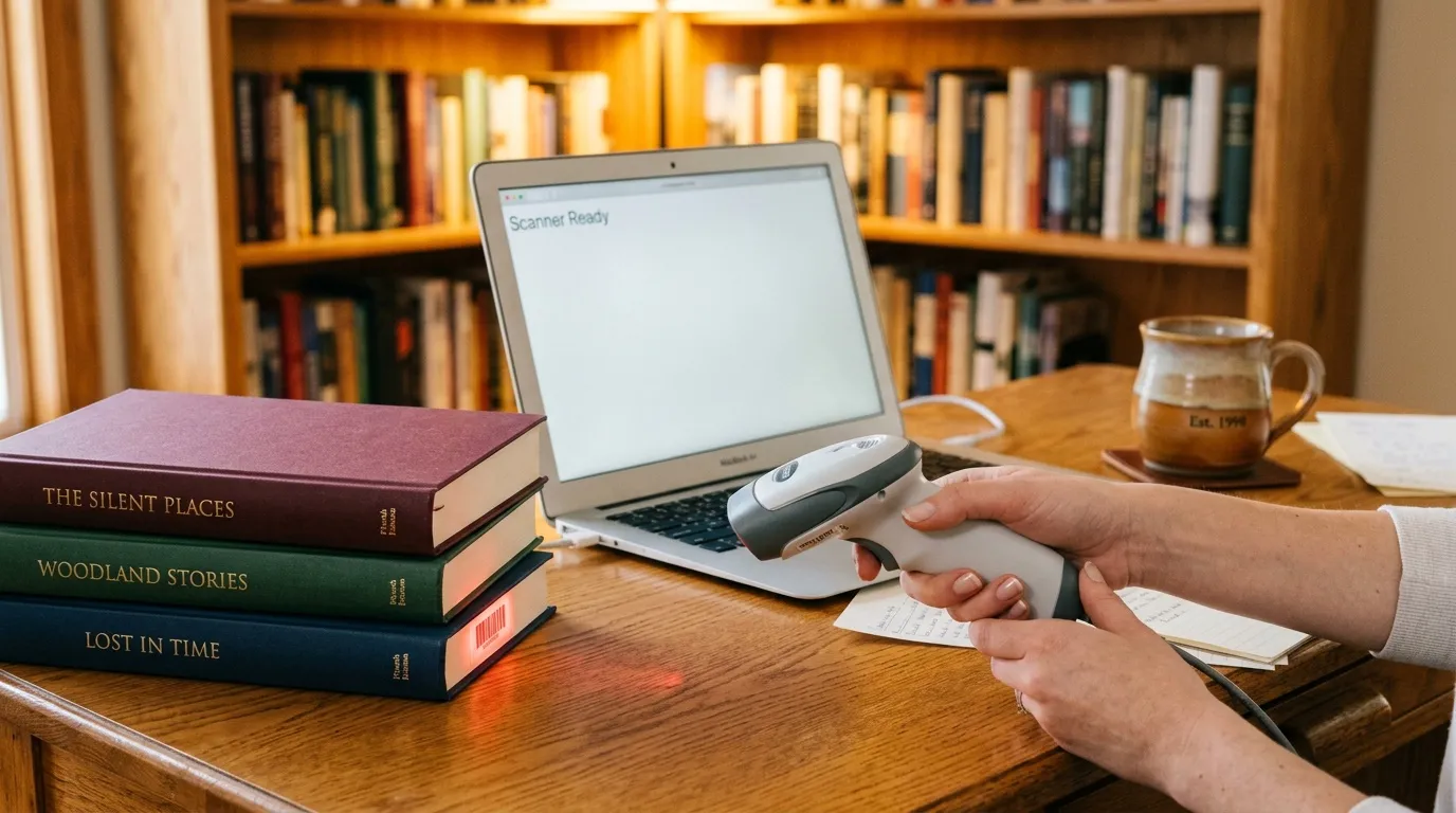 Personne scannant un livre avec scanner portable en bibliothèque