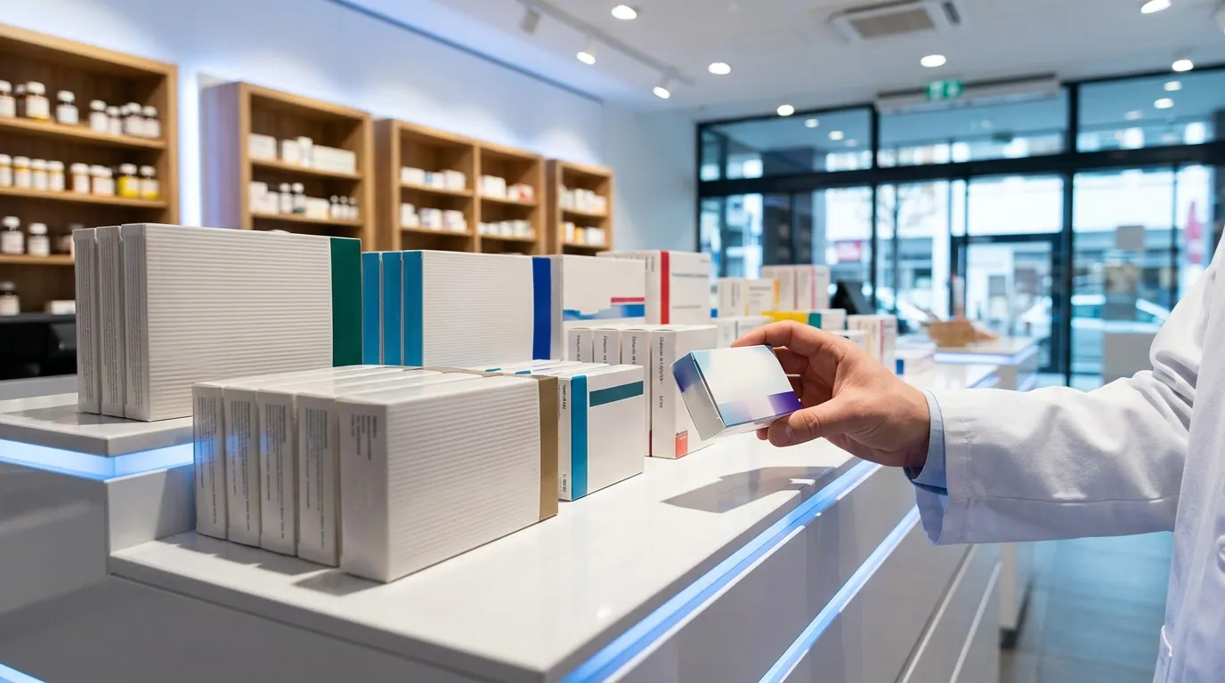 Pharmacien en blouse blanche tenant boîte médicament moderne