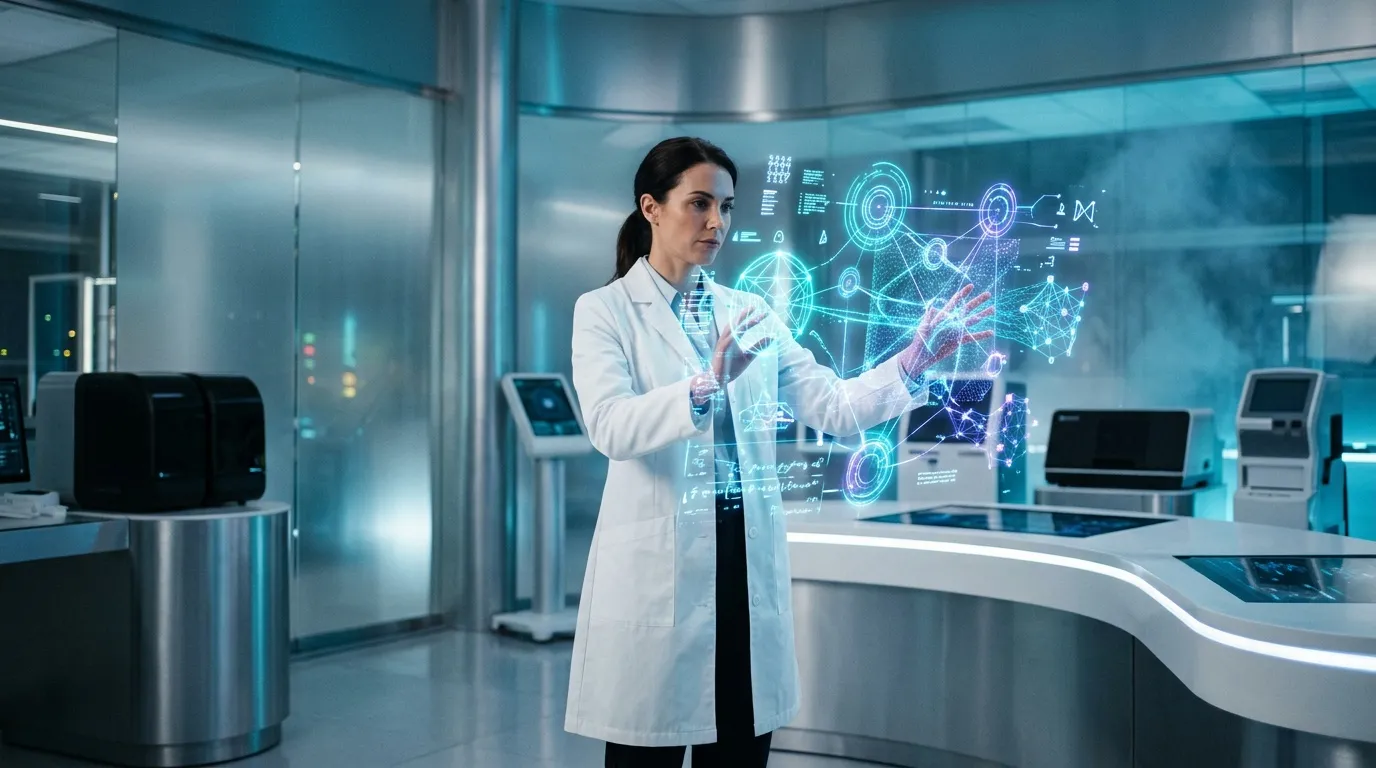 Femme chercheur en blouse blanche interagissant avec hologramme technologique