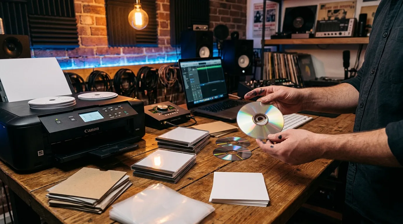 Producteur tenant un CD dans son studio musical équipé