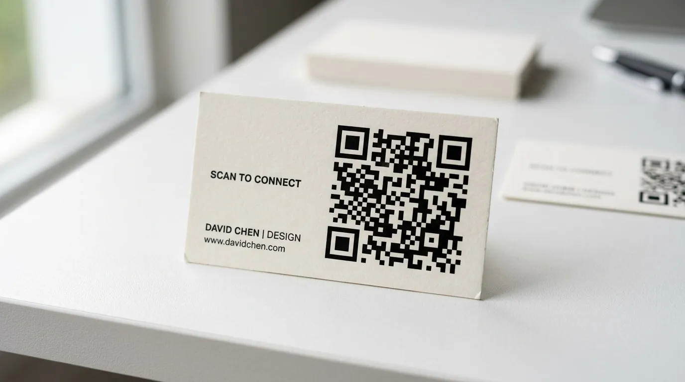Carte de visite beige avec code QR et informations de contact