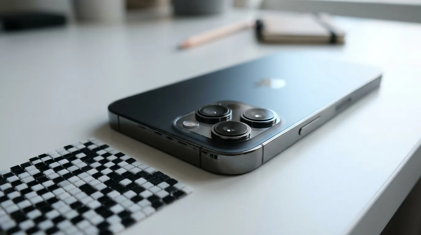 iPhone avec triple cam&eacute;ra sur bureau blanc avec clavier