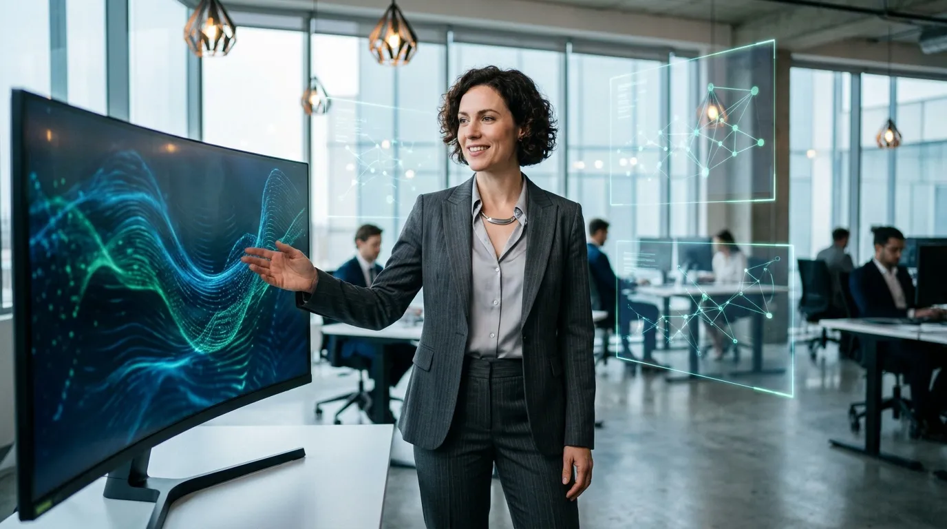 Femme d'affaires pr&eacute;sentant des donn&eacute;es num&eacute;riques en bureau high-tech