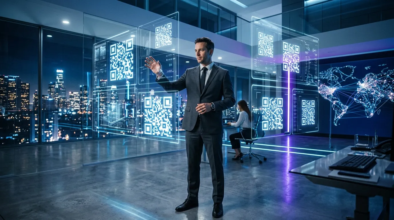 Homme d'affaires pr&eacute;sentant hologrammes codes QR num&eacute;riques