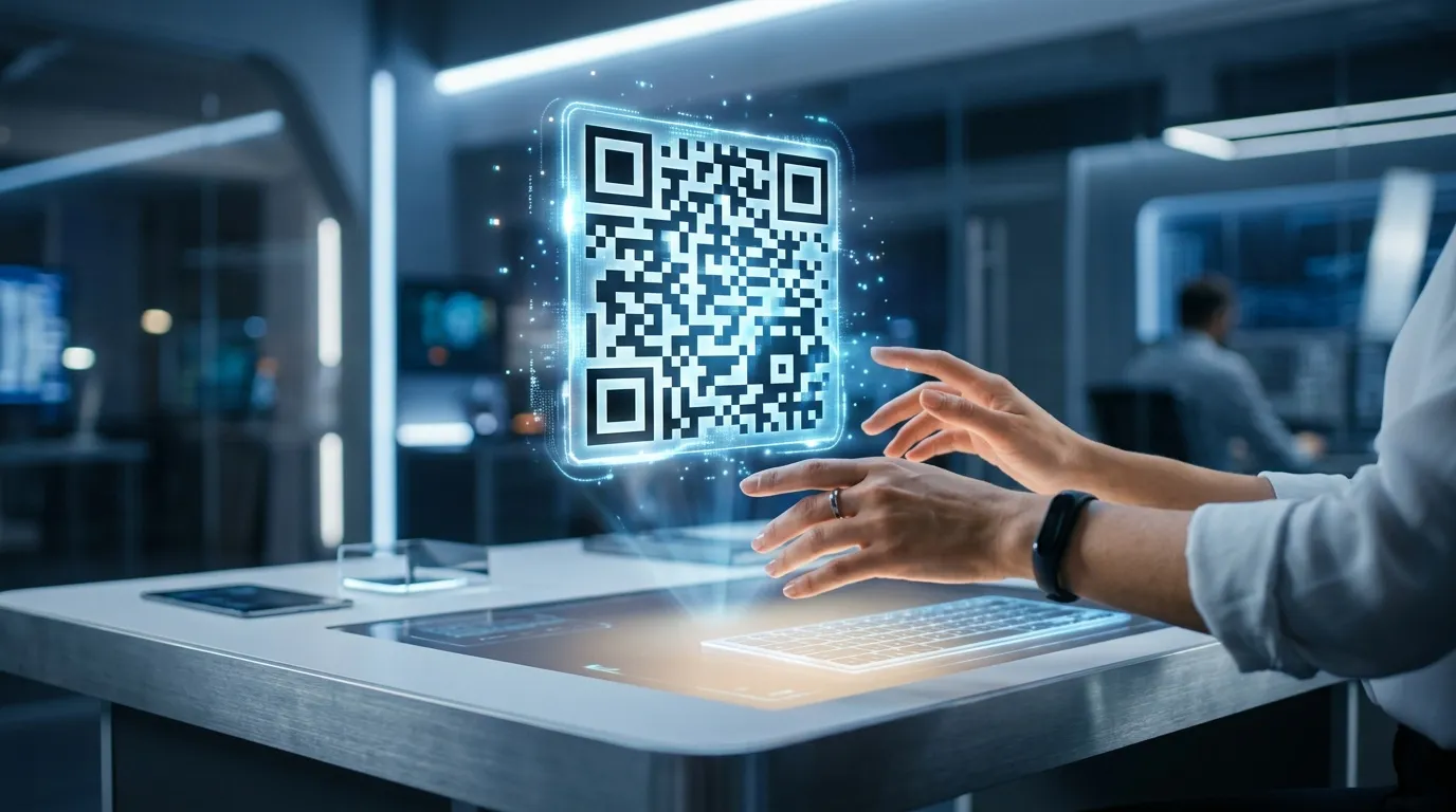 Main interagissant avec code QR holographique numérique futuriste